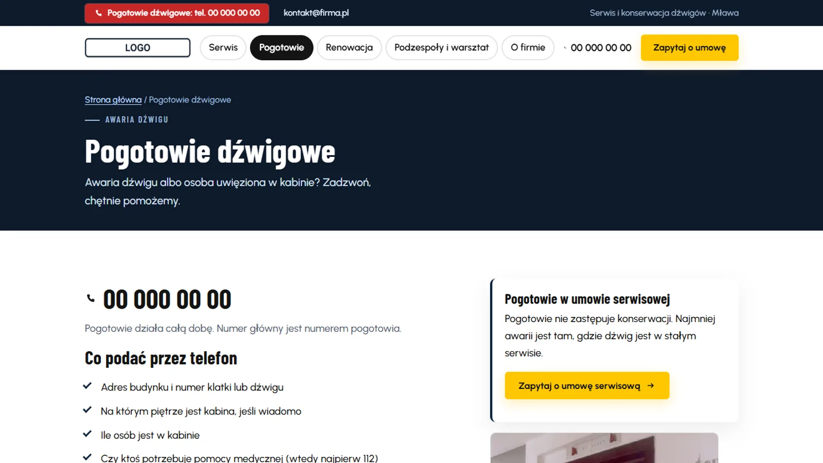 Pogotowie dźwigowe — krótka strona do użycia w stresie: numer, co podać przez telefon, co robić